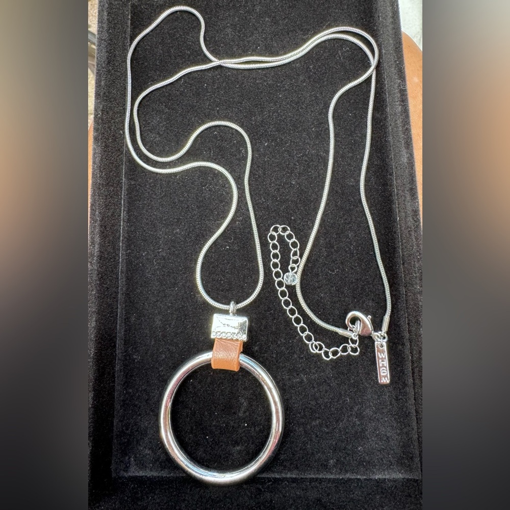 White House Black Market Silver-Tone Ring Pendant Long Necklace with Tan Accent - Picture 5 of 5